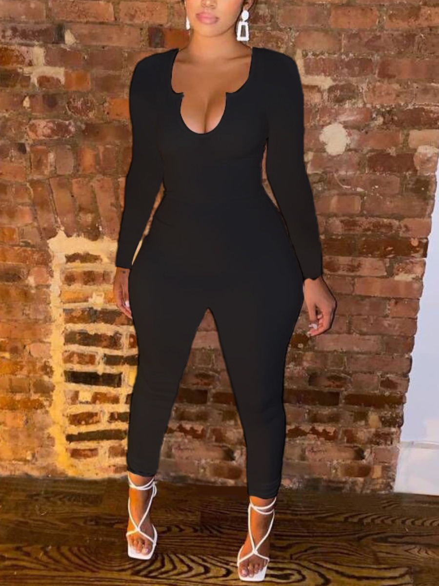 

LW BASICS Notch Neck Skinny Jumpsuit, Black