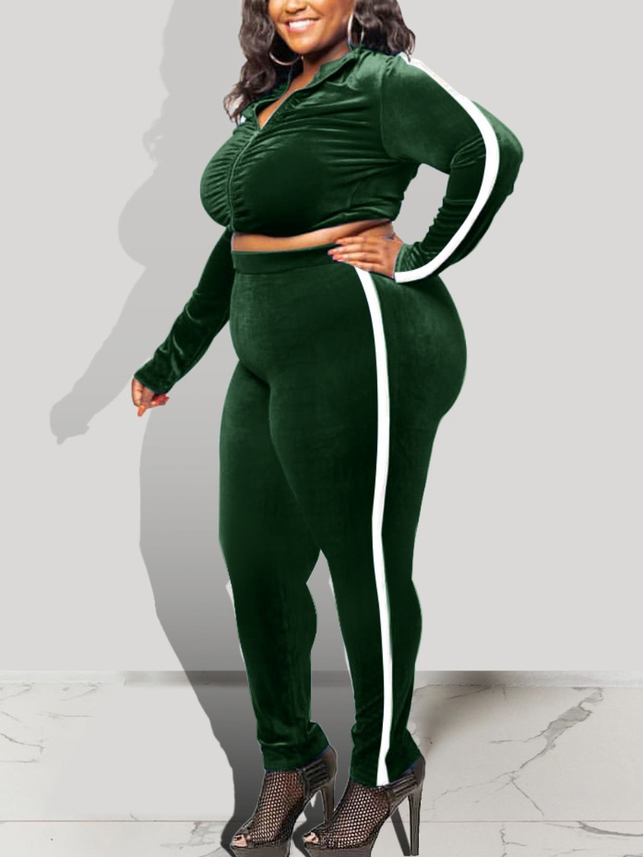 

LW Plus Size Velvet Ruched Striped Cropped Pants Set, Black green
