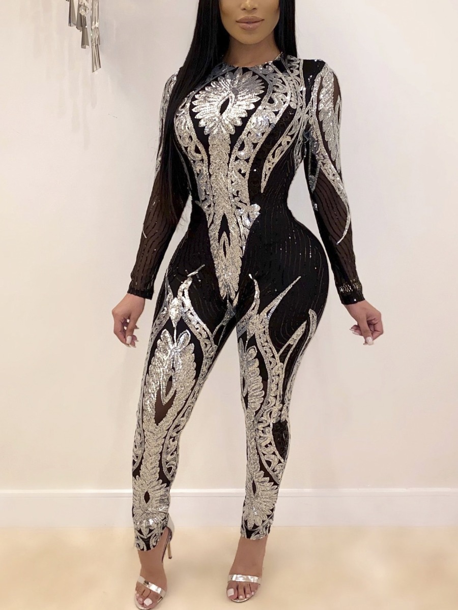 

LW SXY Sequined See-through Skinny Jumpsuit, Silver