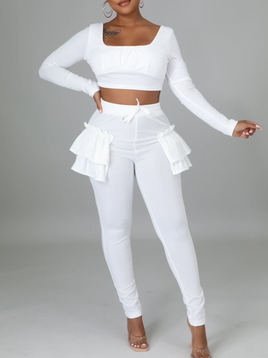 

LW Ruffle Design Crop Top Pants Set, White