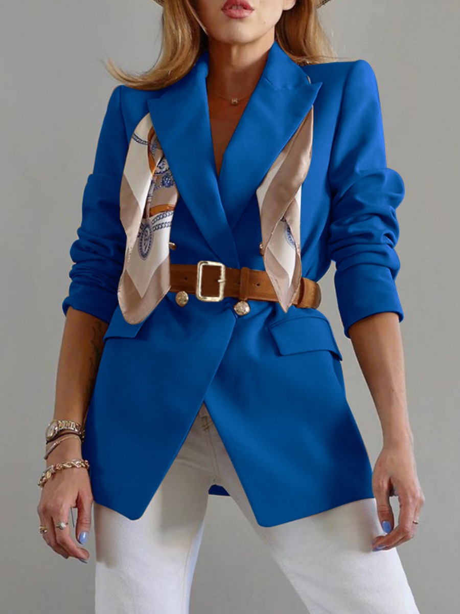 

LW Button Pocket Design Belted Blazer, Blue