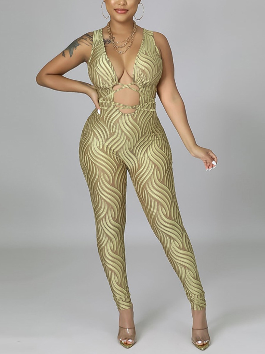 

LW SXY Mixed Print Bandage Hollow-out Design Jumpsuit, Khaki