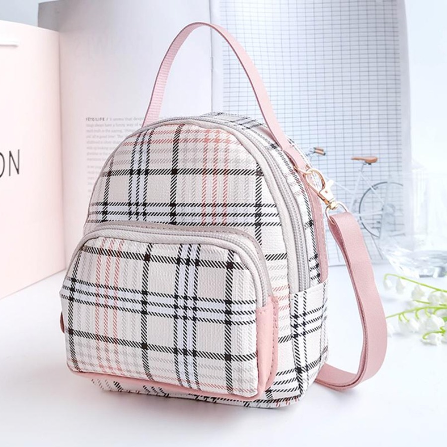 

LW Zipper Design Plaid Backpack, Pink