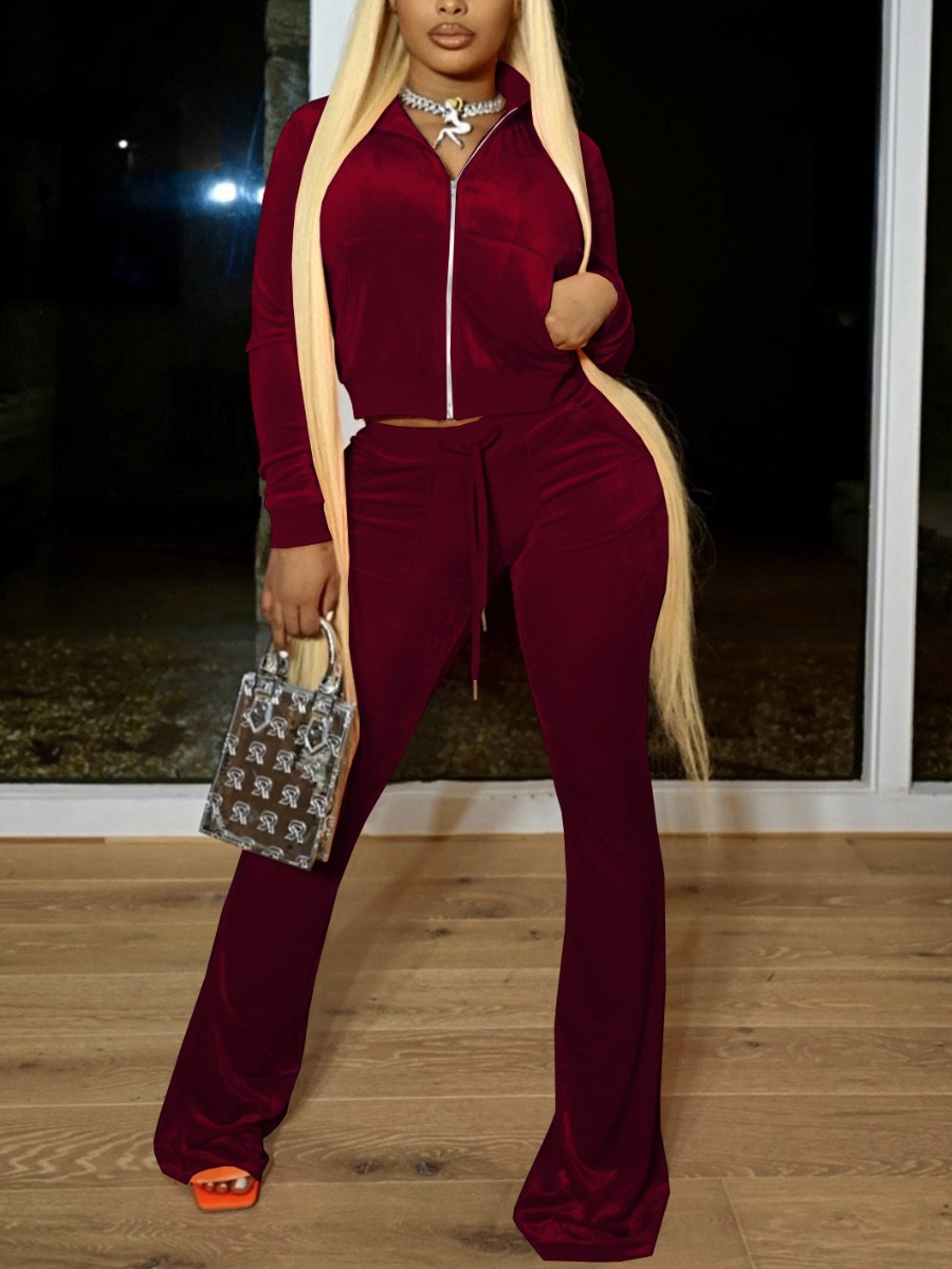 LW Velvet Pocket Design Crop Top Tracksuit Set