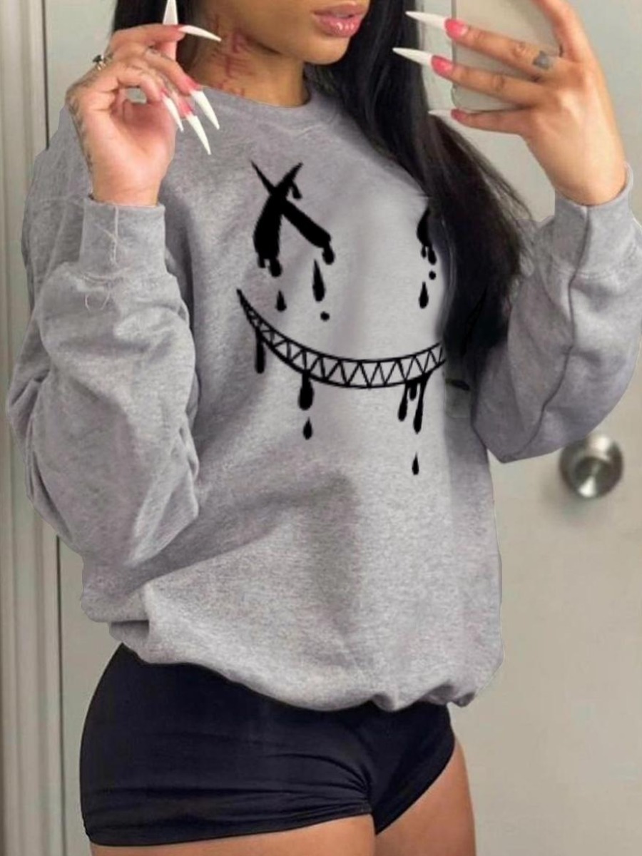 

LW Cartoon Print Pullover Sweatshirt, Grey