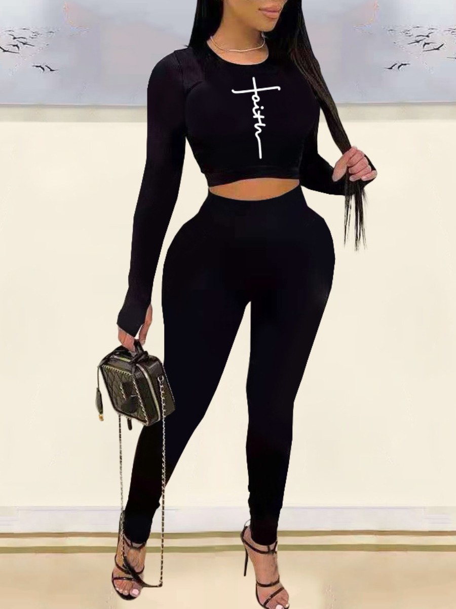 

LW Letter Print Crop Top Pants Set, Black