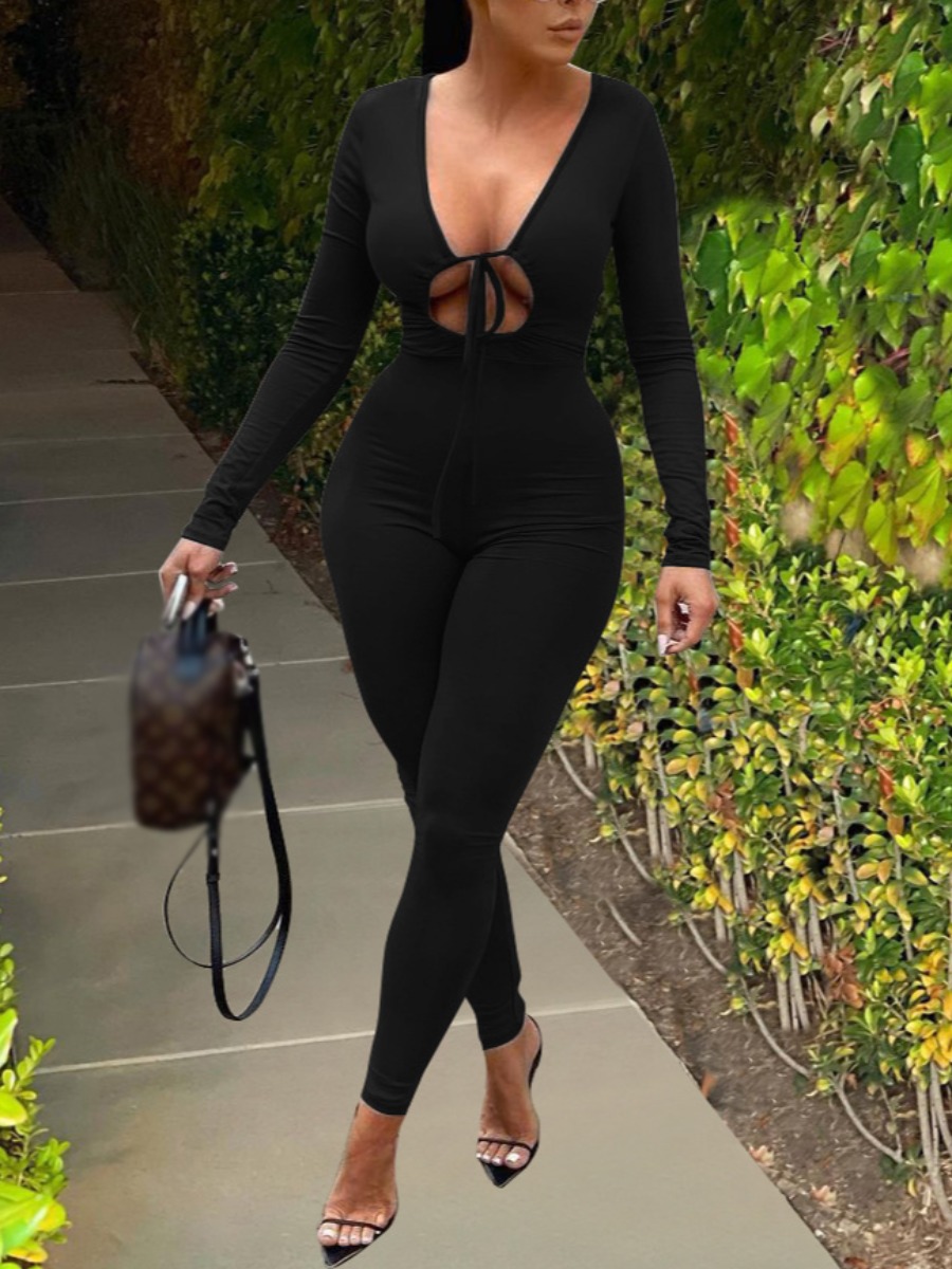

LW SXY Hollow-out Bandage Design Skinny Jumpsuit, Black