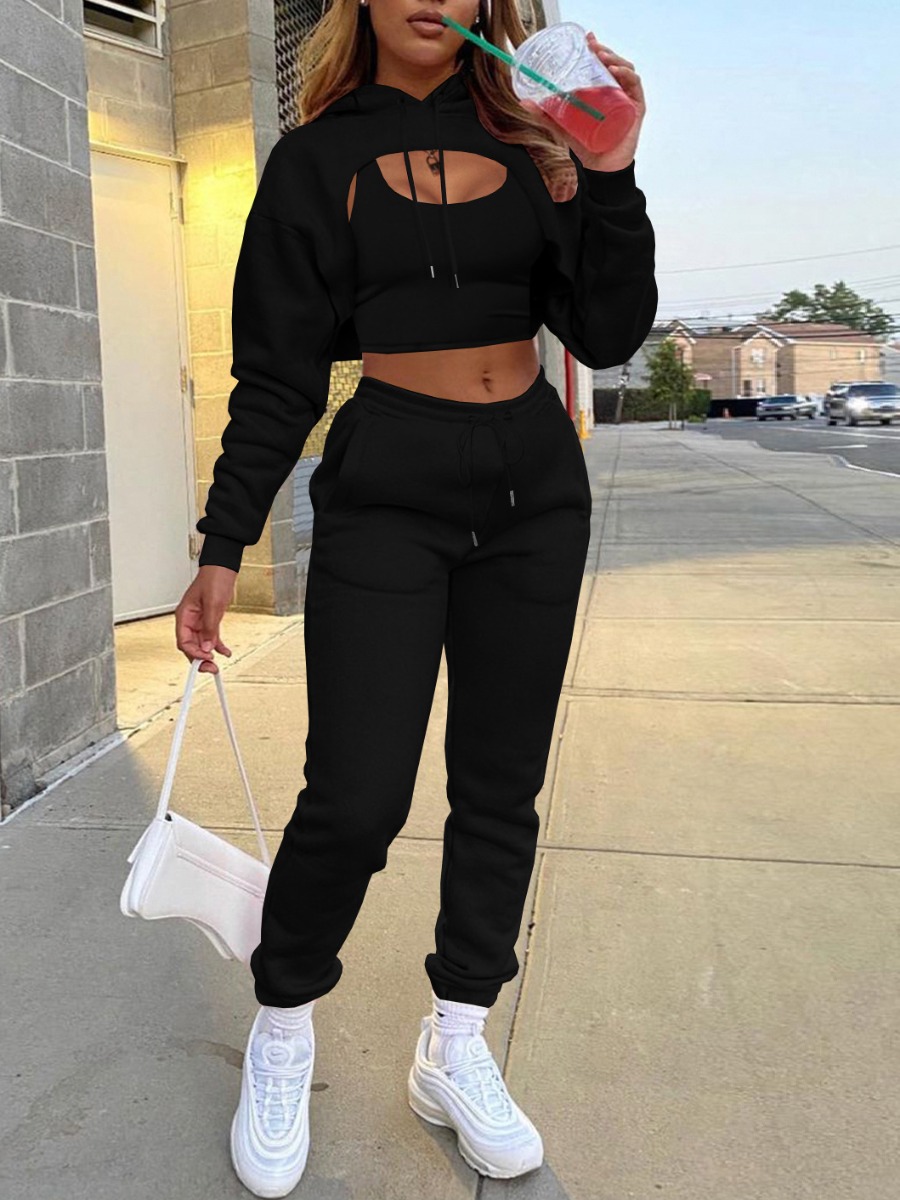 

LW Sweat Drawstring Crop Top Three-piece Tracksuit Set, Black