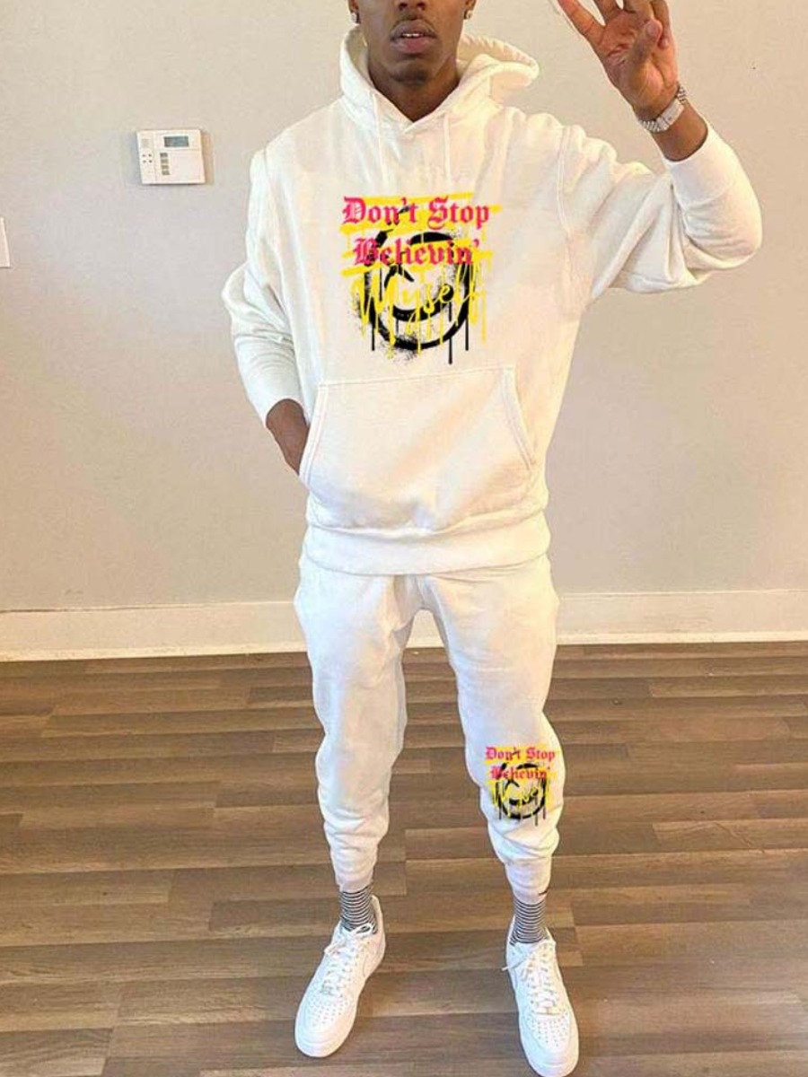 

LW Men Letter Print Pocket Design Tracksuit Set, White