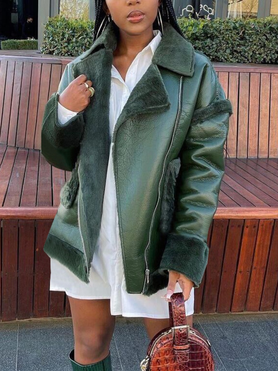 

LW Turndown Collar Zipper Design Leather, Green