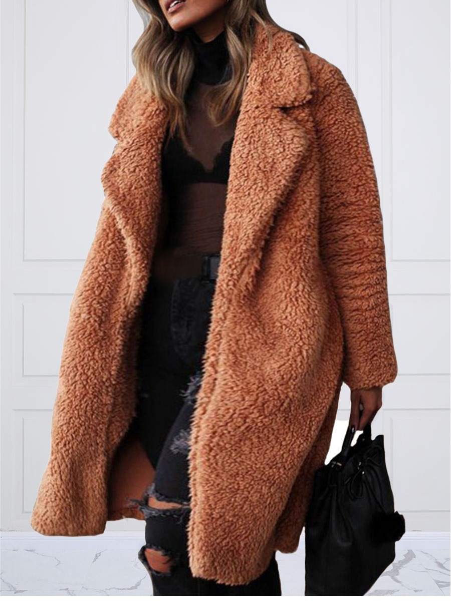 

LW Plus Size Open Front Basic Solid Faux Fur, Caramel color