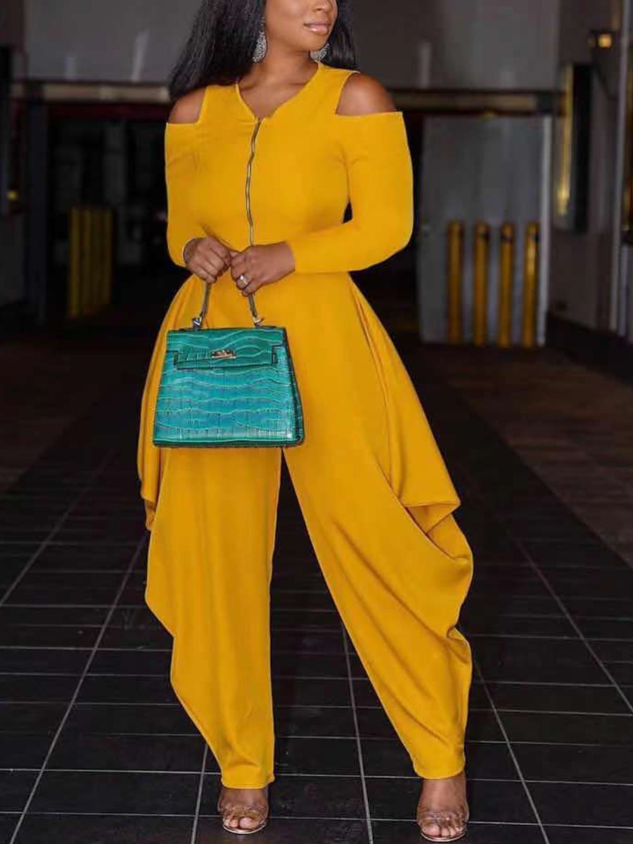 

LW Cold Shoulder Zipper Design Jumpsuit, Yellow