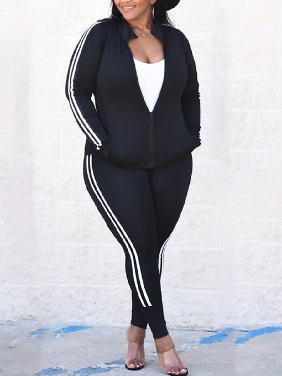 

LW Plus Size Zipper Pocket Design Striped Tracksuit Set, Black