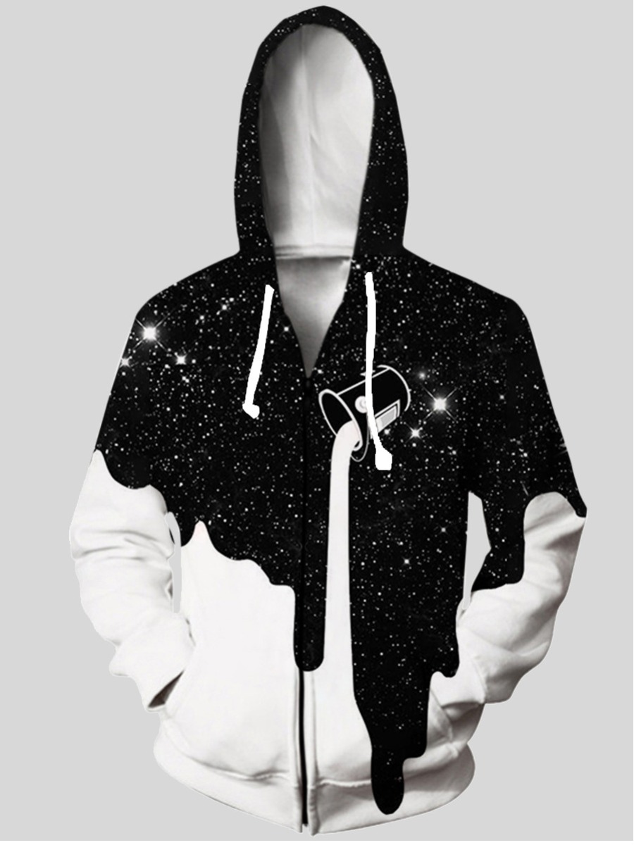 

LW Men Star Sky Print Patchwork Hoodie, Black