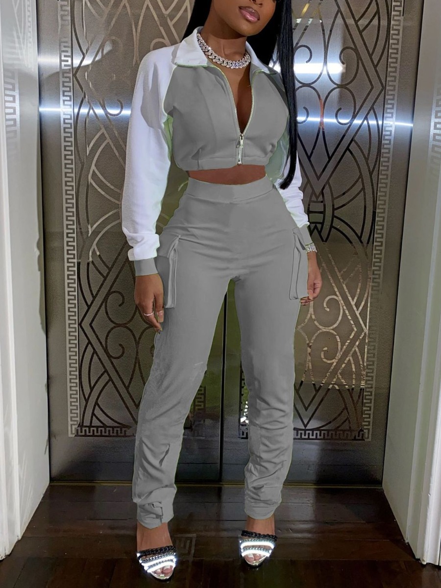 

LW Crop Top Patchwork Tracksuit Set, Grey