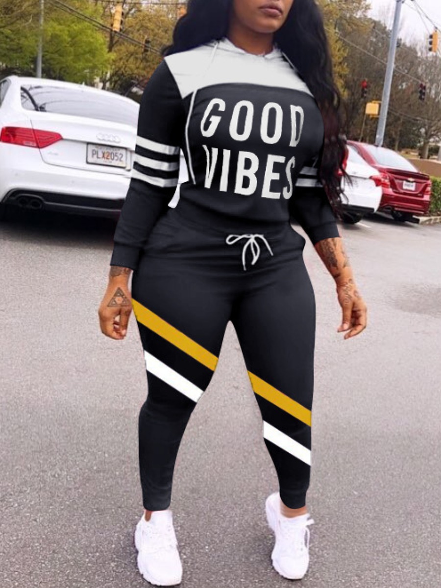 

LW Letter Print Striped Tracksuit Set, Black