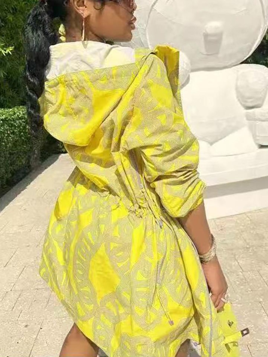 

LW Plus Size Hooded Collar Mixed Print Shorts Set, Yellow