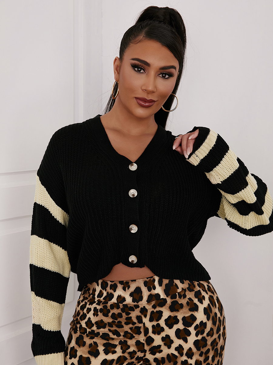 

LW Striped Patchwork Button Cardigan, Black