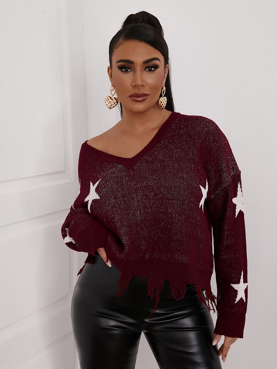

LW V Neck Print Pullovers Loose Sweaters & Cardigans, Wine red