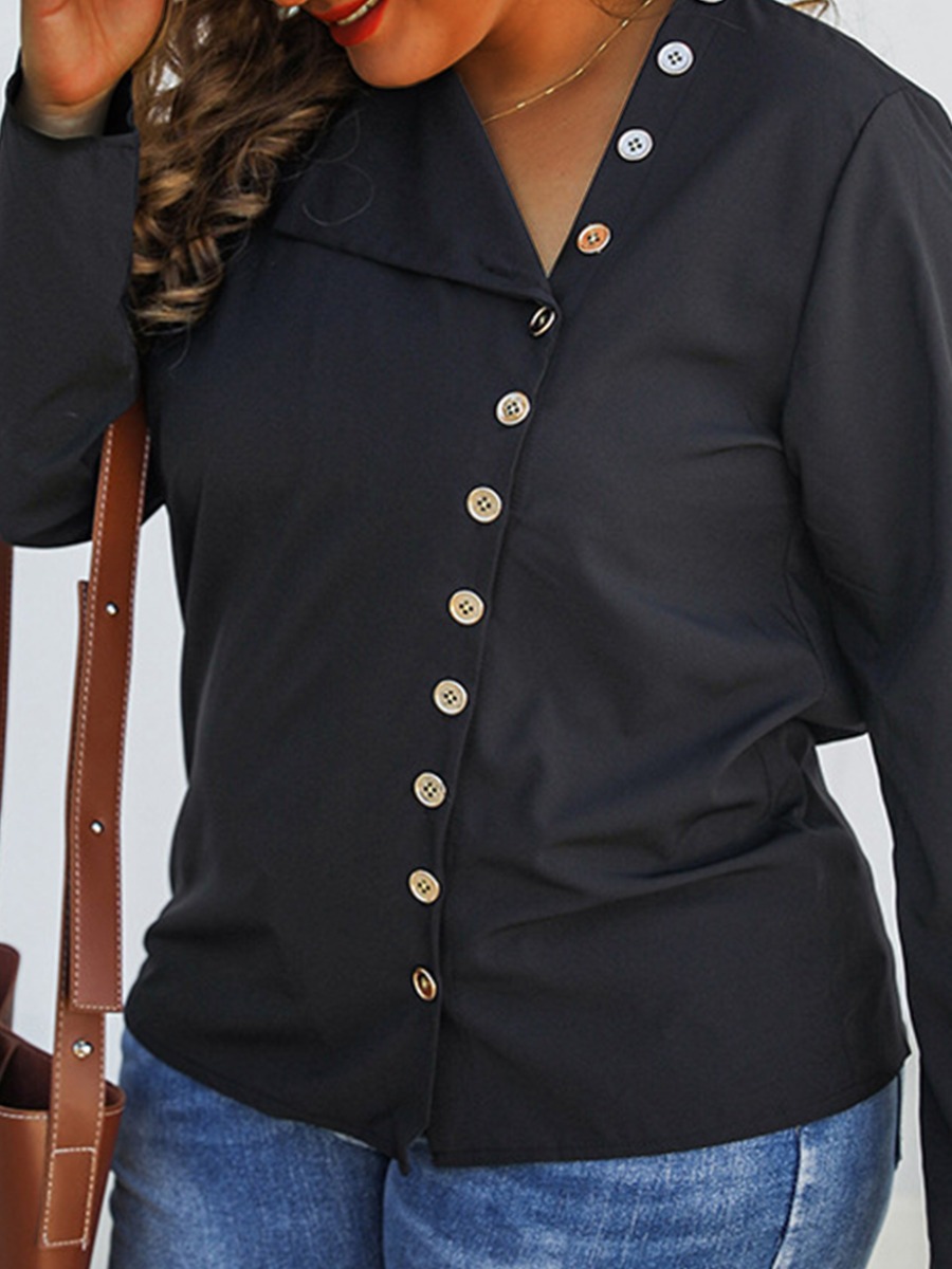 

LW Plus Size V Neck Button Design Blouse, Black
