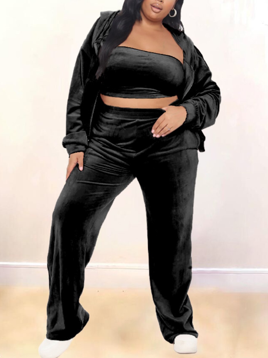 

LW BASICS Plus Size Hooded Collar Three-piece Pants Set, Black