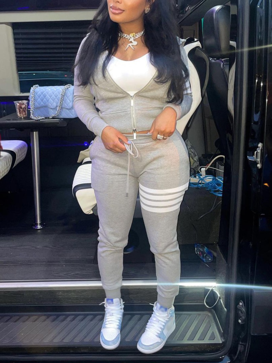 

LW Striped Drawstring Zipper Design Tracksuit Set, Grey