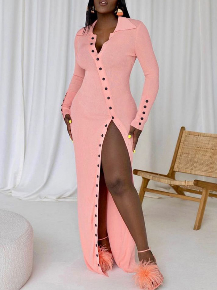 

LW SXY Button Design Split Bodycon Dress, Pink