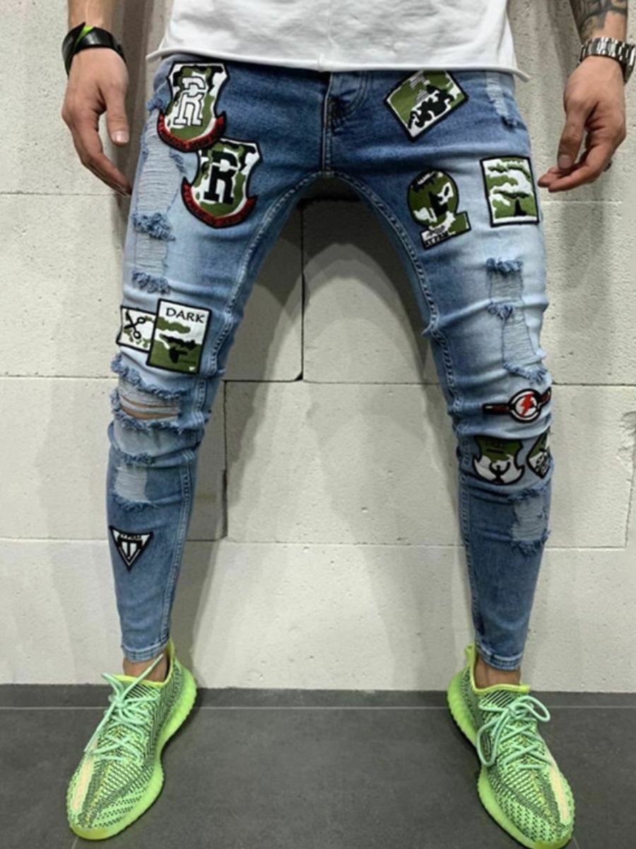

LW Men Letter Print Ripped Jeans, Blue