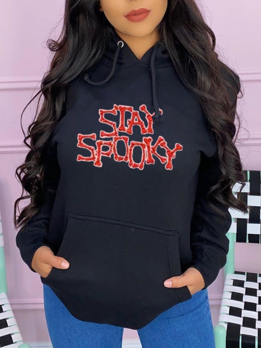 

LW BASICS Letter Print Kangaroo Pocket Hoodie, Black