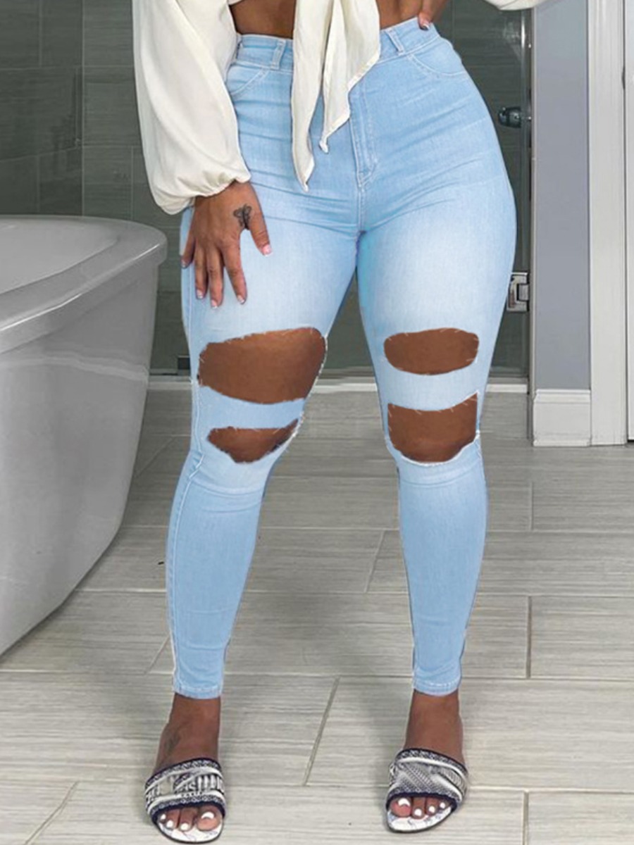 

LW High-waisted Ripped Skinny Jeans (No Stretch), Baby blue