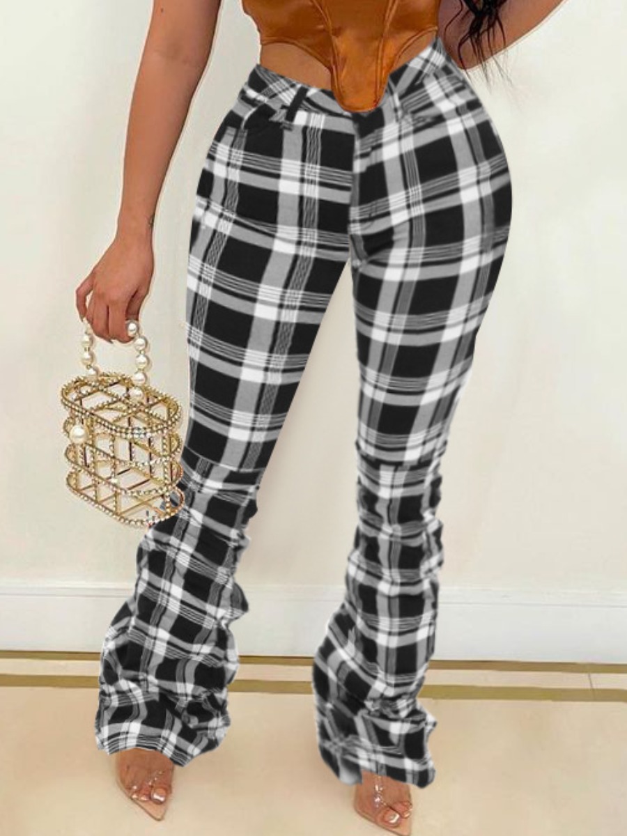 

LW Ruched Plaid Flared Pants, Black