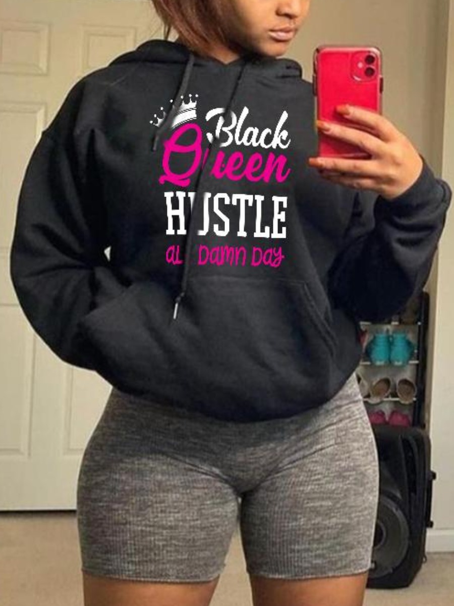 

LW BASICS Letter Print Kangaroo Pocket Hoodie, Black