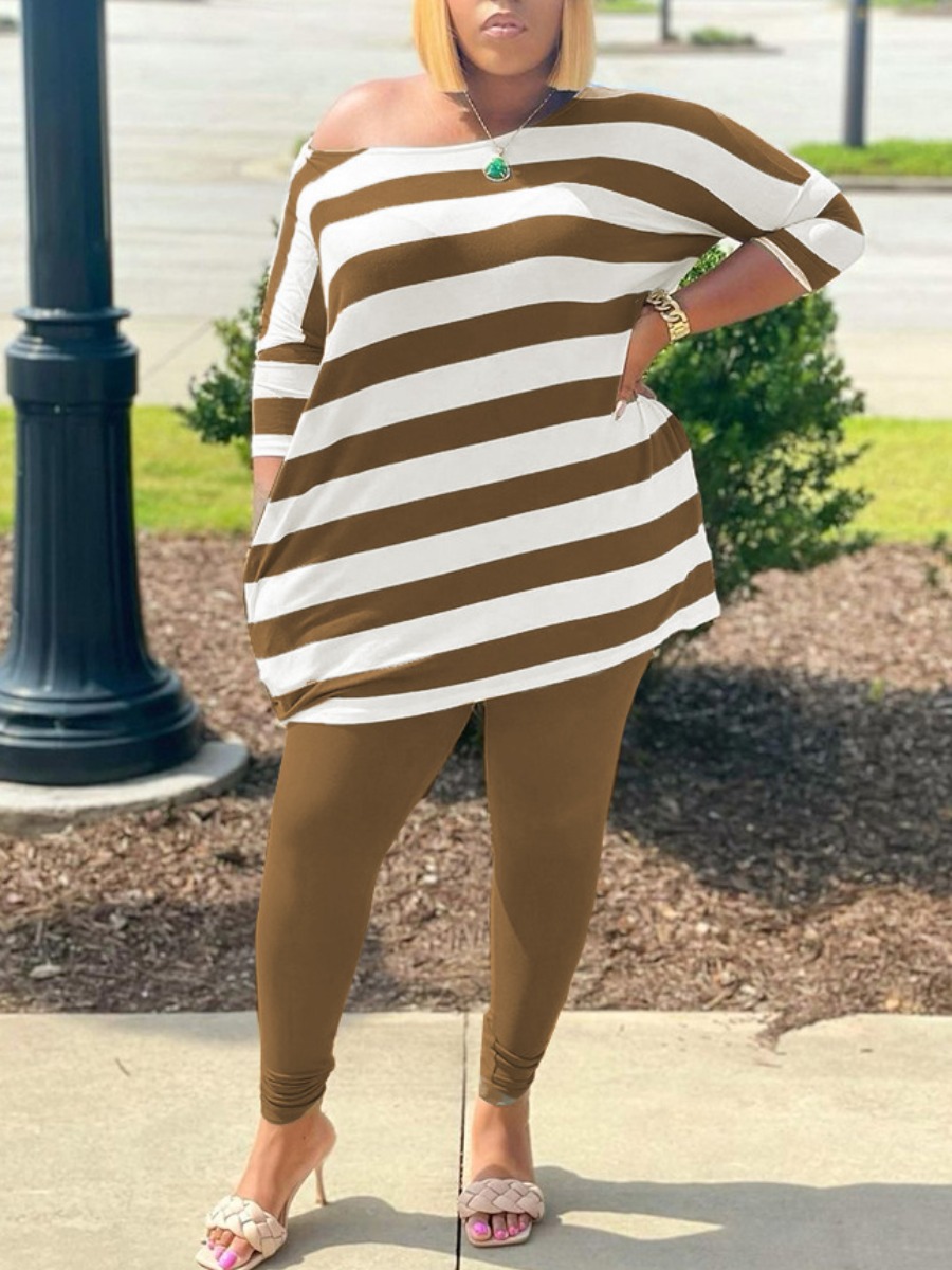 

LW Plus Size Drop Shoulder Striped Pants Set, Orange brown