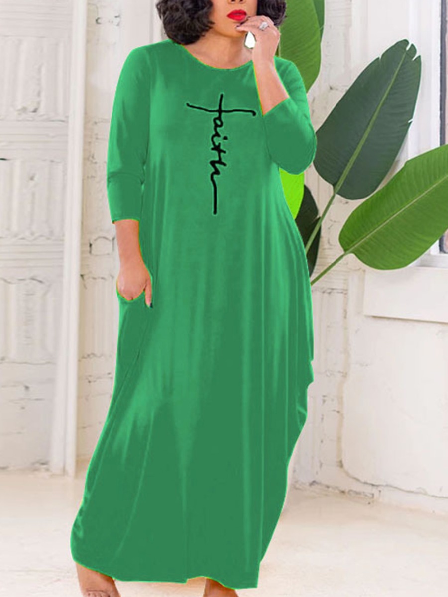 

LW BASICS Plus Size Letter Print Pocket Design Dress, Green
