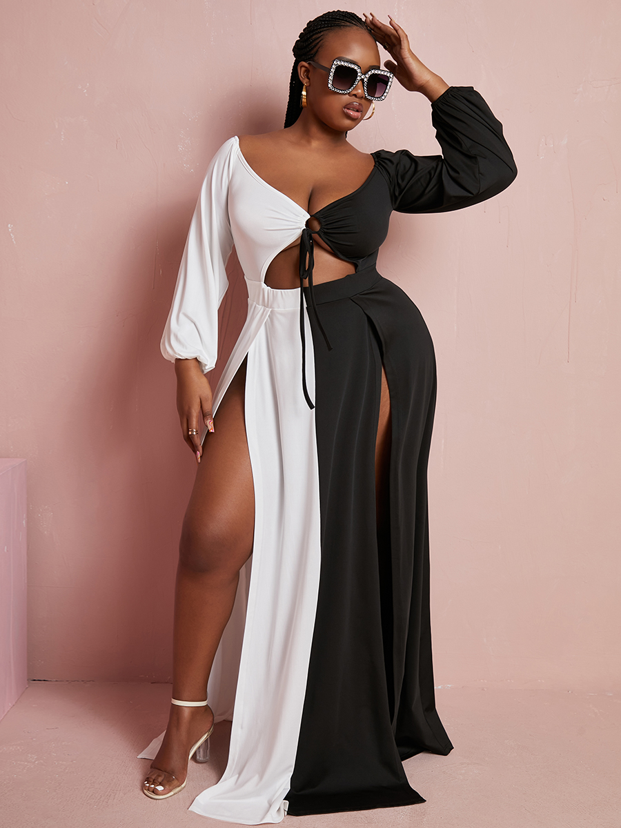 

LW Plus Size High Split A Line Dress, Black and white