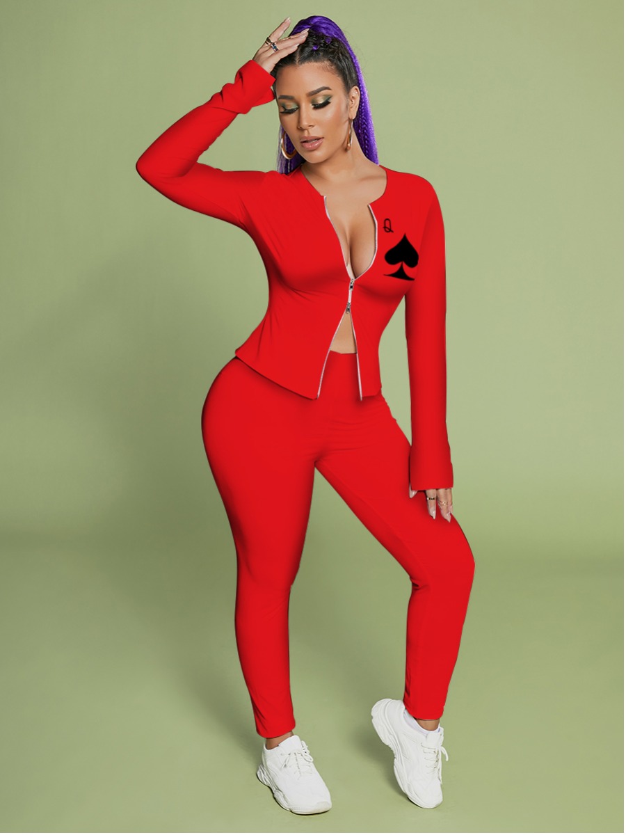 

LW Poker Print Zipper Design Pants Set, Red
