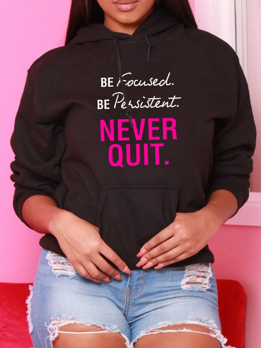 

LW BASICS Casual Letter Print Kangaroo Pocket Hoodie, Black