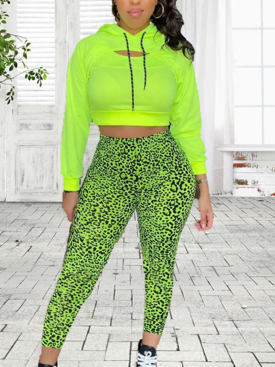 

LW Street Leopard Print Ripped Crop Top Tracksuit Set, Green