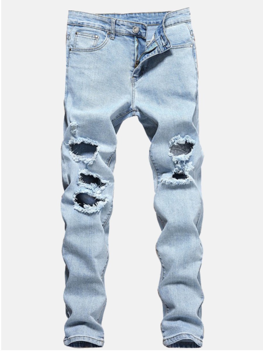 

LW Men Casual Mid Waist Ripped Denim Jeans, Baby blue