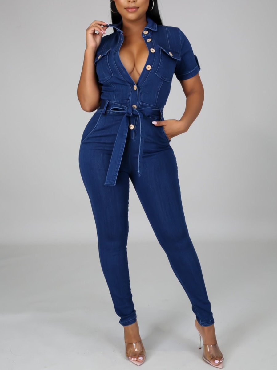 

LW Casual Bandage Button Design Denim Jumpsuits, Deep blue