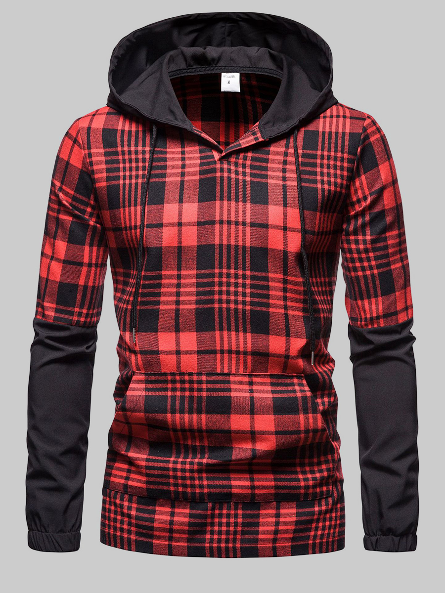 

LW Men Plaid Patchwork Pocket Design Shirt, Red