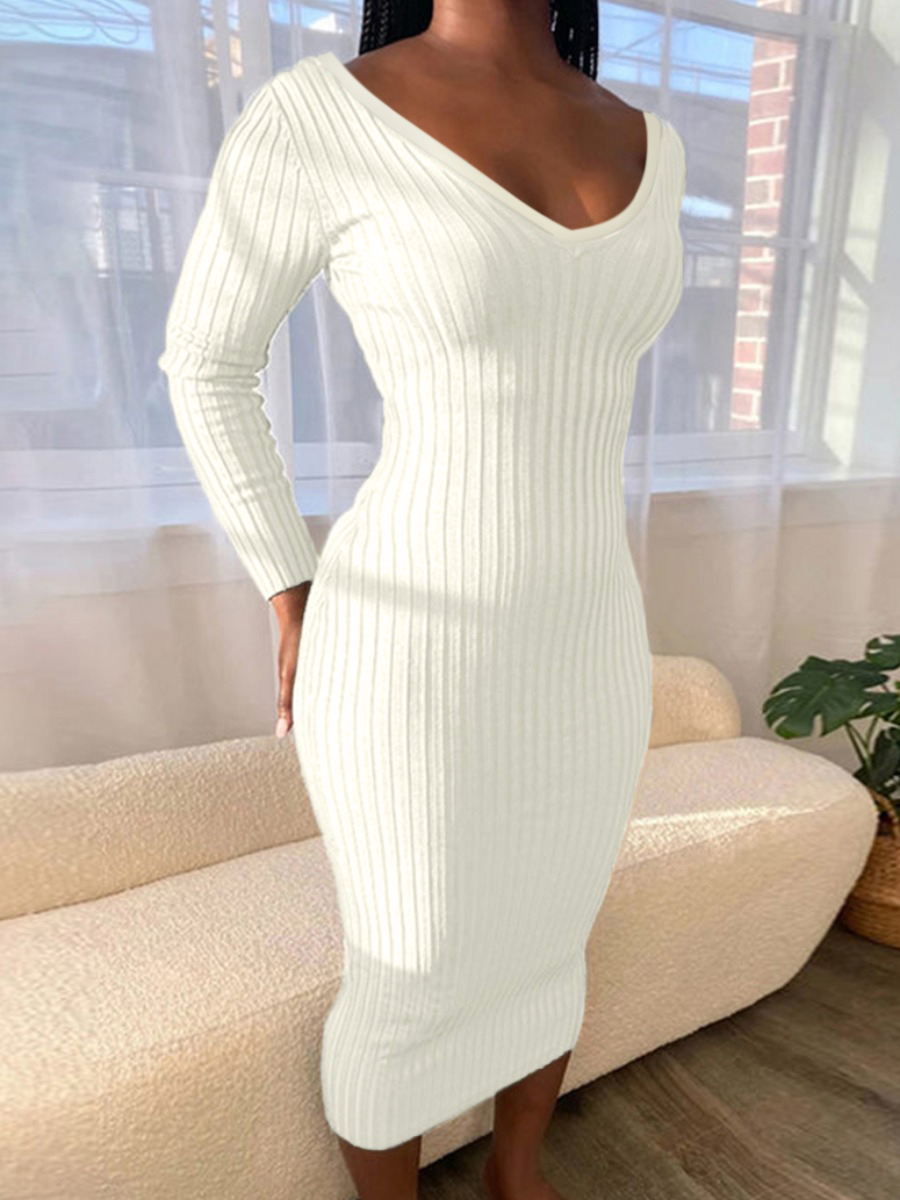 

LW BASICS Drop Shoulder Rib-kint Bodycon Dress, White
