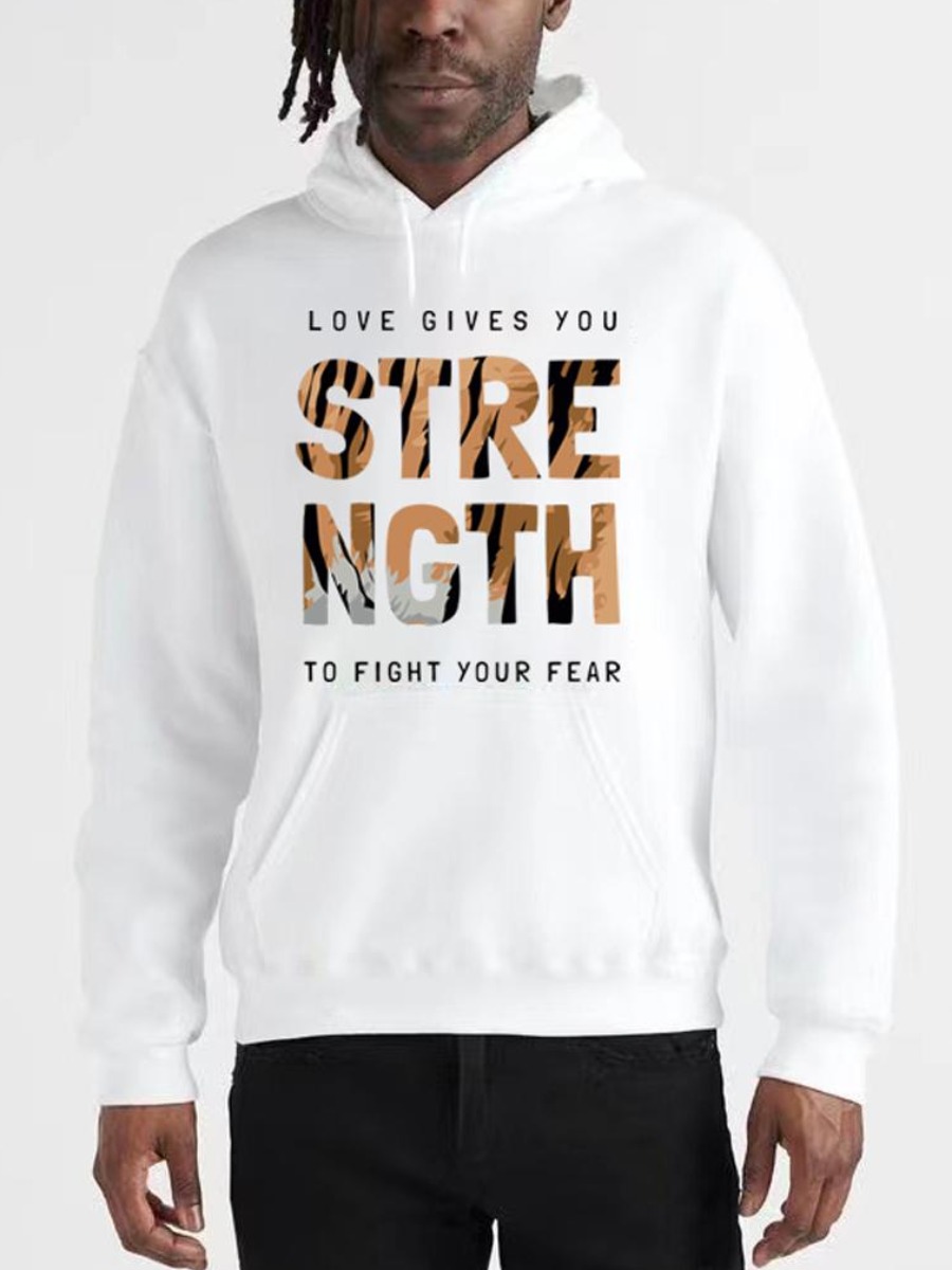 

LW BASICS Men Hooded Collar Letter Print Hoodie, White