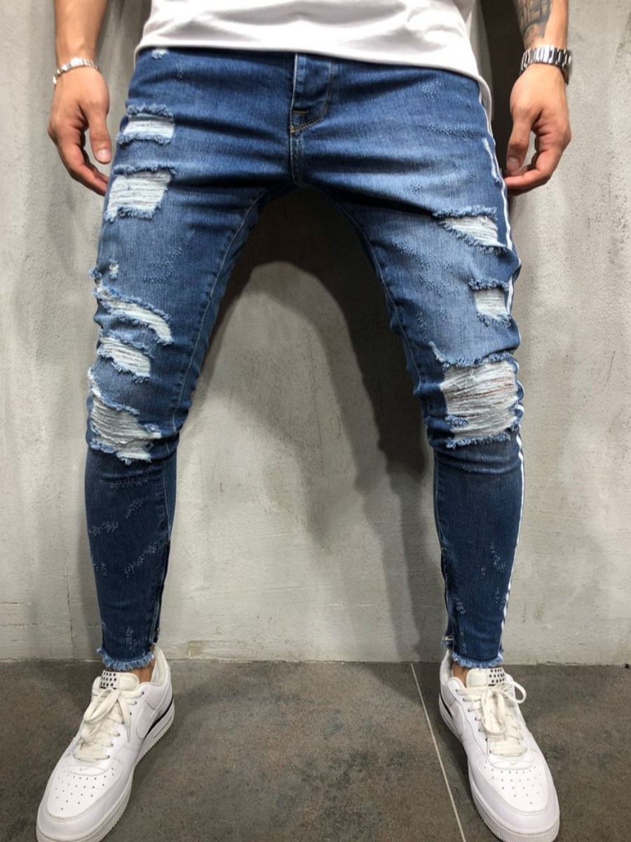 

LW Men Mid Waist Ripped Solid Skinny Jeans, Blue