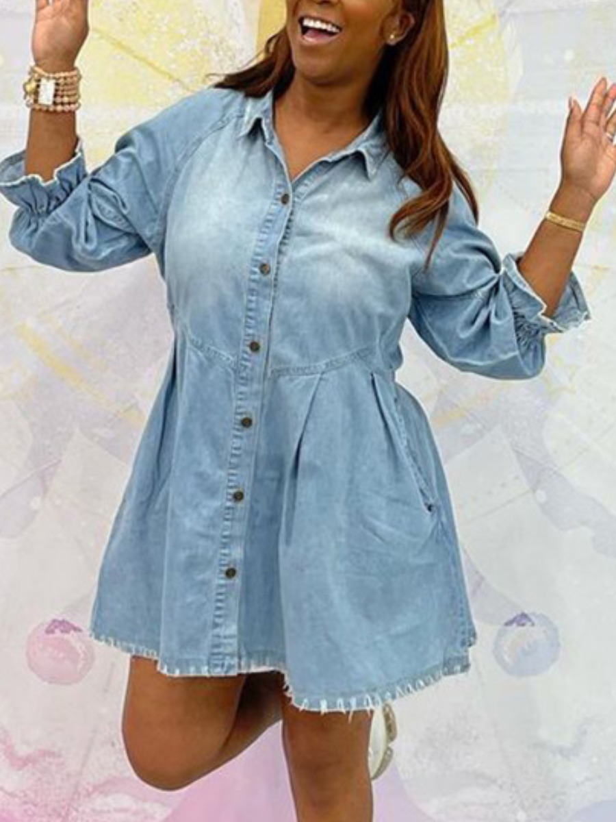 

LW BASICS Ruffle Design Raw Edge Denim Dress, Baby blue
