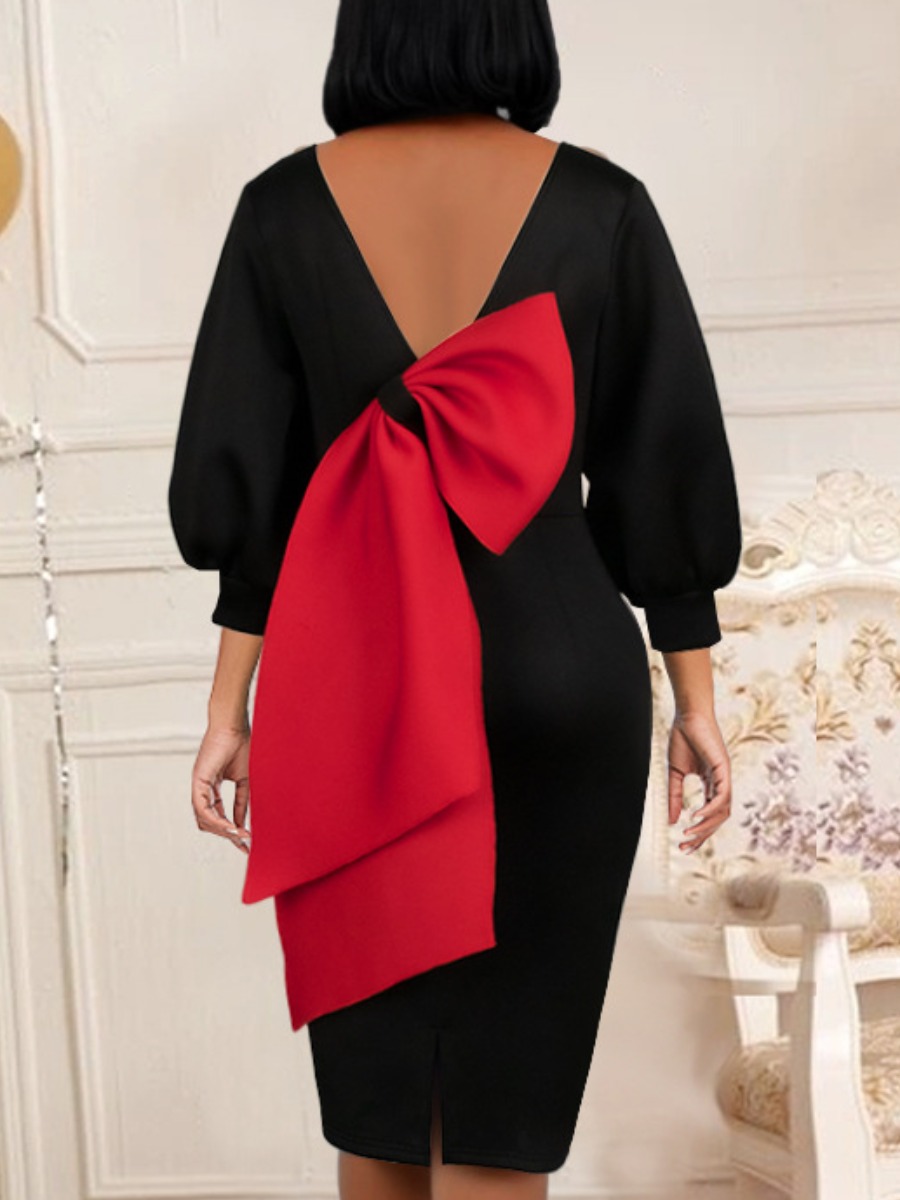 

LW Lantern Sleeve Bow-tie Decor Bodycon Prom Dress, Black