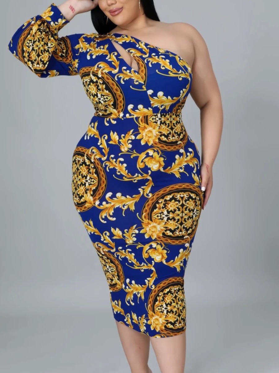 

LW Plus Size Tribal Print Ripped Bodycon Dress, Blue