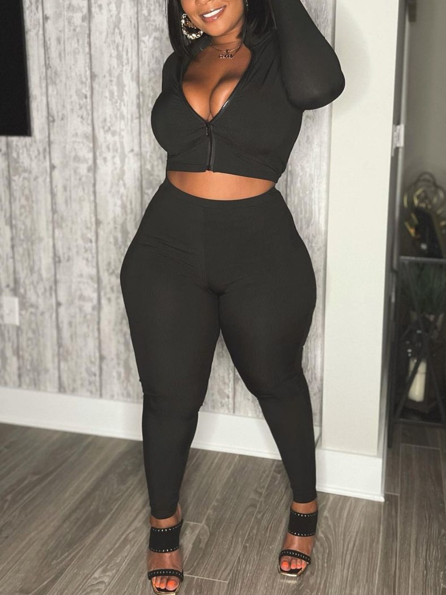 

LW BASICS Plus Size Zipper Design Crop Top Pants Set, Black