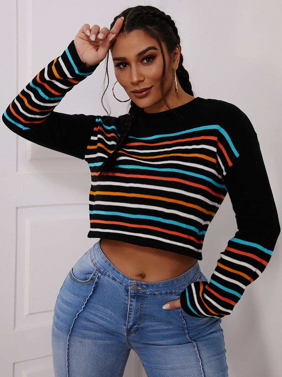 

LW Round Neck Striped Patchwork Sweater, Black
