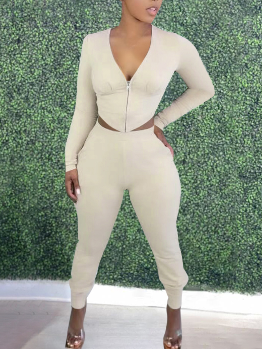 

LW Zipper Design Skinny Tracksuit Set, Apricot